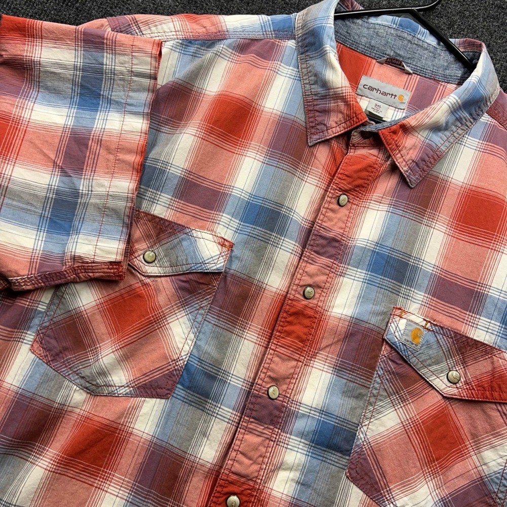 Carhartt Mens 3XL Tall Red Blue Plaid Pearl Snap Button Down Shirt 103007 647